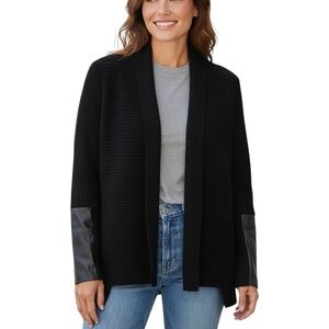 RW&CO Women's Medium Black Open Front Black Sweater with Faux Leather Accents